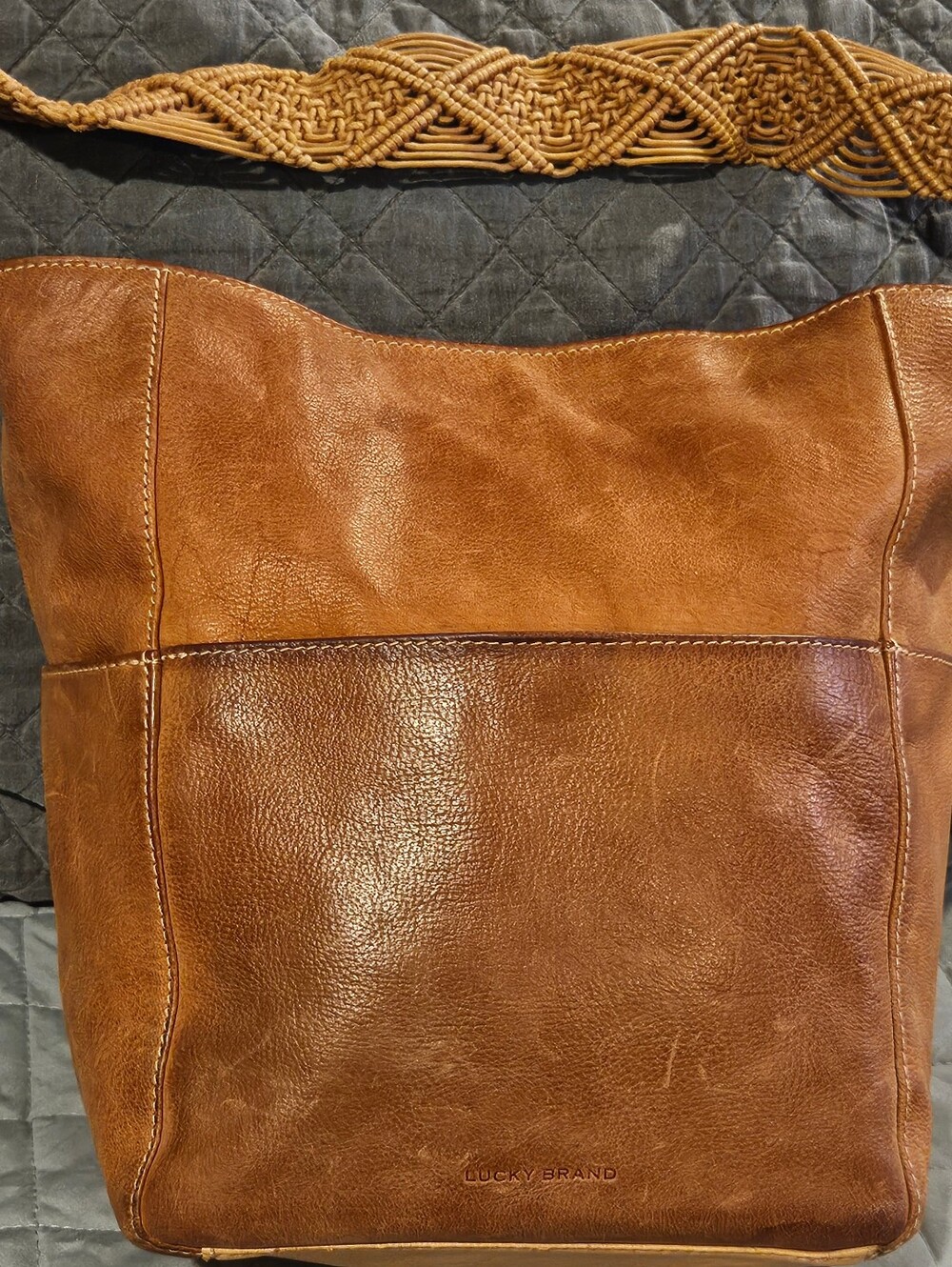 Lucky Brand Tan Leather BoHo Shoulder Bag with Woven Strap